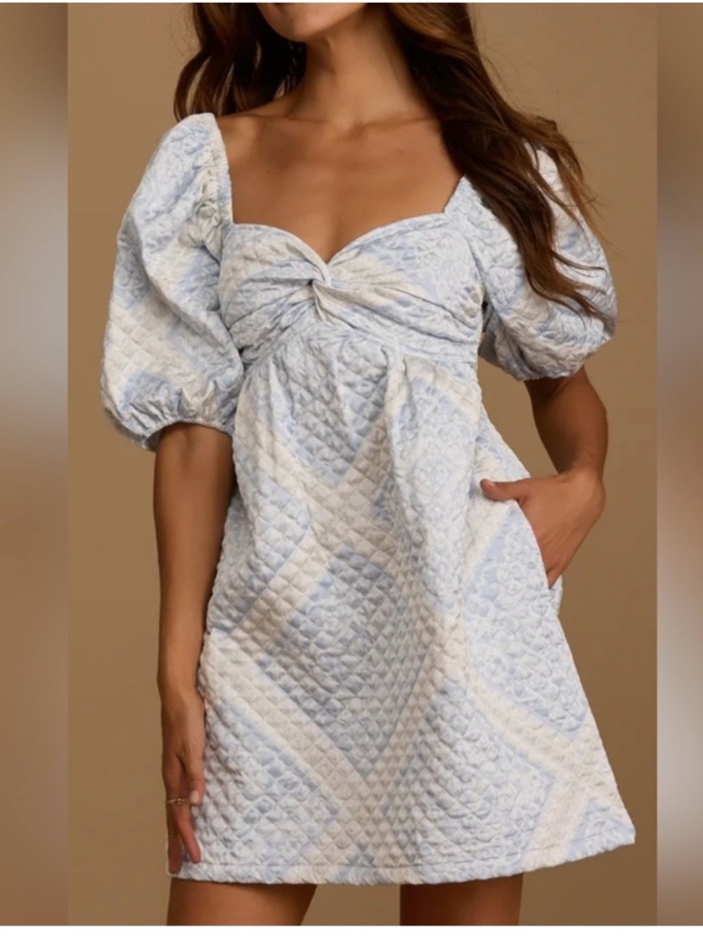 En Saison • Light Blue & White Mini Puff Sleeve Dress